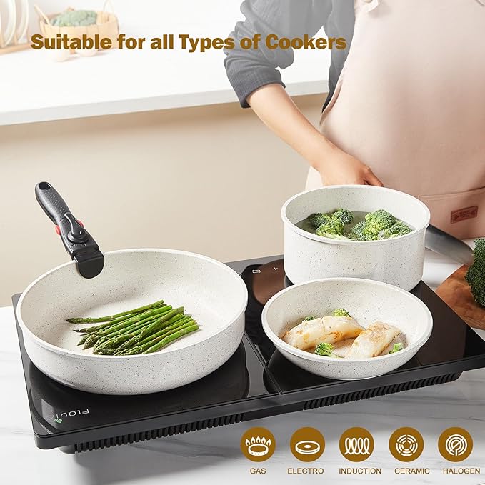 17pcs Pots and Pans Set Non Stick from France, Ceramic Cookware Set with Removable Handle, Induction RV Kitchen Cookware Set, Stackable, PFOA and PFAS Free, Oven Safe