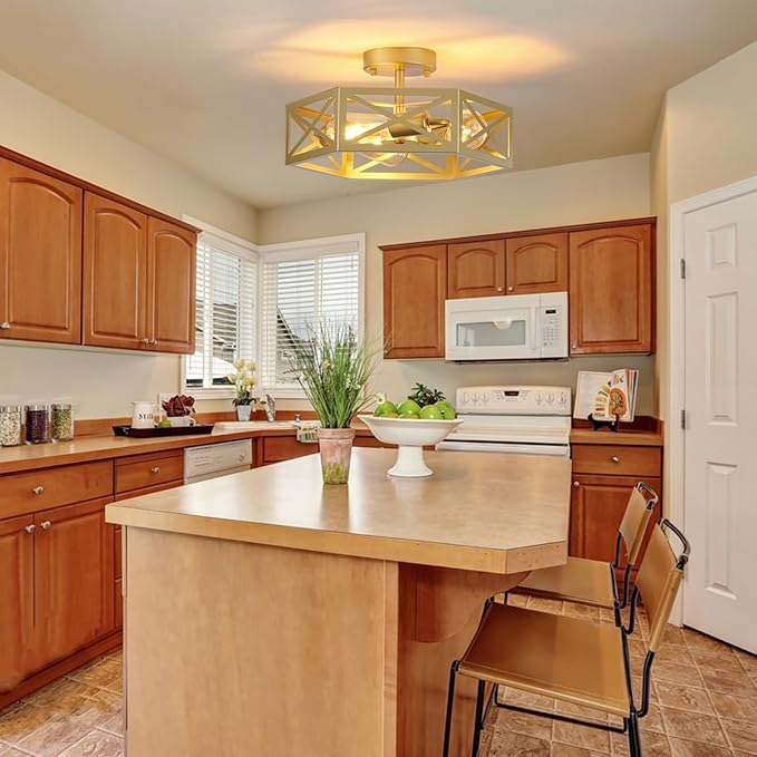 Flush Mount Ceiling Light, Gold Light Fixtures Ceiling Mount, 3 Light Modern Close to Ceiling Light Fixture with Metal Hexagon Cage Brass Lights for Kitchen, Hallway, Bathroom