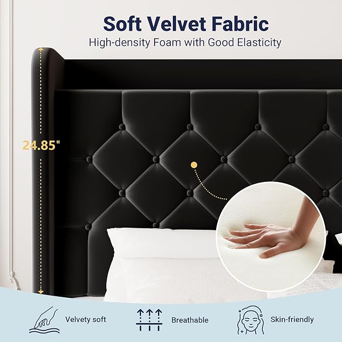 Allewie King Size Bed Frame, Storage Headboard with Charging Station, Wingback Velvet Upholstered, Diamond Stitched Button Tufted, Sturdy Wooden Slats, No Box Spring Needed, Easy Assembly, Black