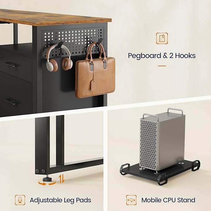 71 in Executive Desk with Power Outlets, Reversible L Shaped Desk with File Drawers & Storage Shelves, Large Office Desk Computer Desk with Pegboard, Mobile CPU Stand, Modern Corner Desk