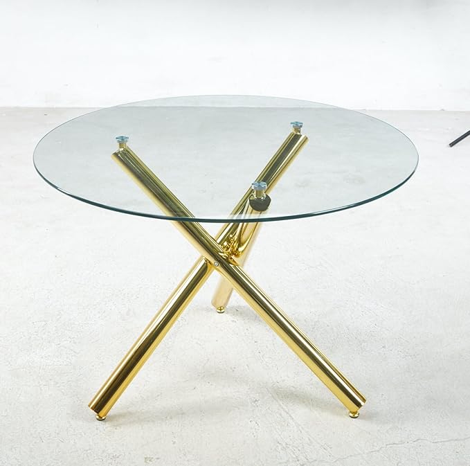 Round Glass Dining Table,Glass Dining Room Table with Tempered Glass Tabletop and Metal Legs, Modern Style Glass Kitchen Table for Home, Kitchen, Dining Room