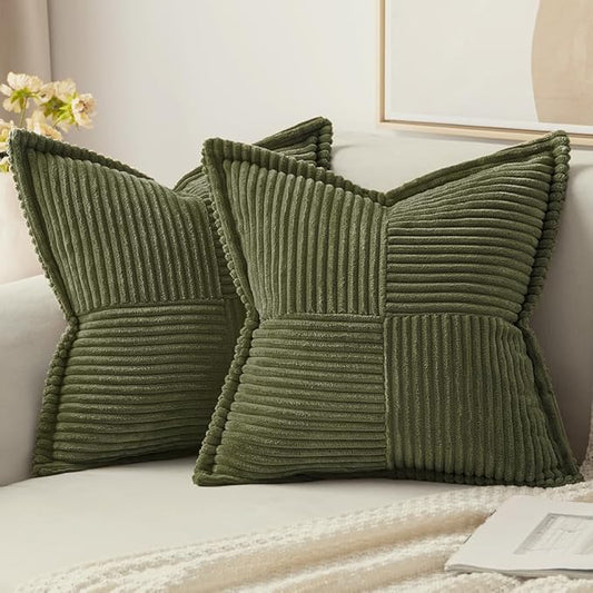 MIULEE Olive Green Corduroy Decorative Euro Sham Pillow Covers 24x24 Inch with Splicing Set of 2 Soft Boho Pillow Covers Broadside Textured Summer Pillowcases for Couch Bed Livingroom
