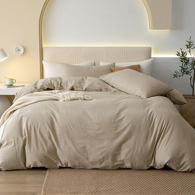 JIYUAN 100% Washed Cotton Duvet Cover Set 3 Pieces Oversized Queen, 1 Duvet Cover 98x98 Inches(Comforter Not Included) and 2 Pillowcases,Linen Feel Bedding Set Comfy and Breathable, Heathered Tan