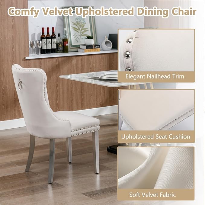 Goujxcy 5 Piece Round Glass Dining Table Set for 4, 36" Round Dining Table & Chair Set Modern Circle Glass Kitchen Table and 4 Velvet Upholstered Chairs for Kitchen Dining (Silver Table & Beige Chair)