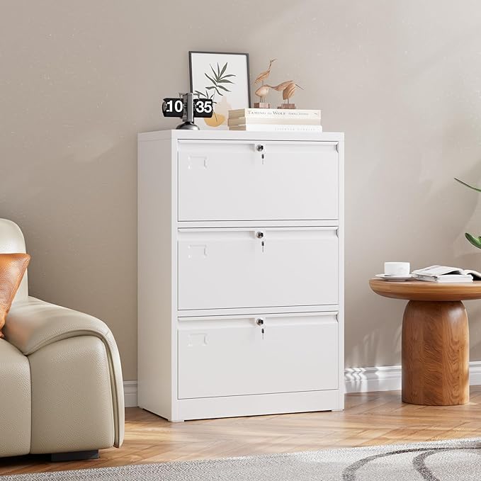 Metal 3 Drawer Lateral File Cabinet with 3 Lock - Wide Filing Cabinet for Letter/Legal/F4/A4 Hanging Files - Includes Business Card Holder,Home Office School Storage,White