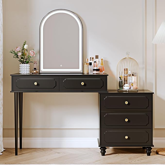 Black,Vanity Desk with Mirror and Lights,Makeup Vanity with Power Outlet and Adjustable Cabinet,Modern Makeup Table with 3 Drawers for Bedroom Makeup Room