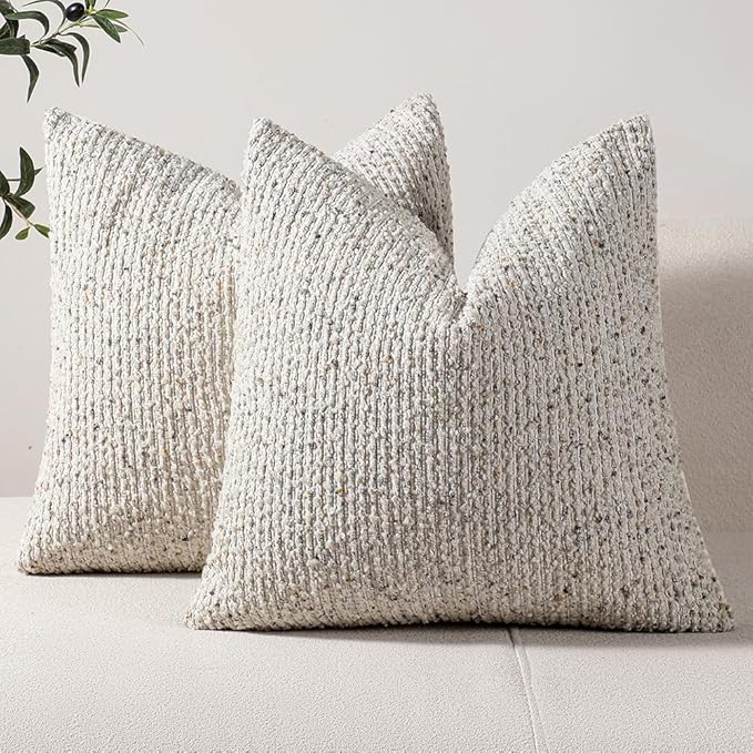 Striped Throw Pillow Covers 16x16 Set of 2 Cream Grey Textured Boucle Chic Morden Boho Accent Farmhouse Square Decorative Couch Pillow Covers for Home Decor Bed Sofa Living Room
