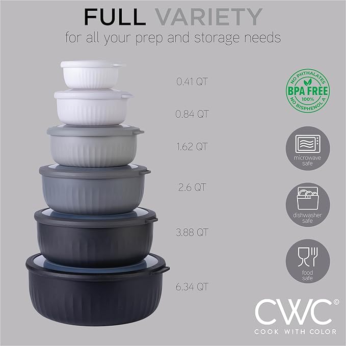 COOK WITH COLOR Prep Bowls with Lids- Wide and Deep Nesting Plastic Small Mixing Bowl Set with Lids, 12 Piece Set - Wide Bowls, Black/White