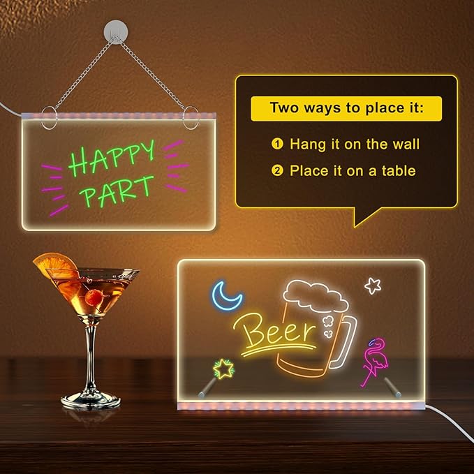 Doodle Glow LED Drawing Board - Reusable Acrylic Dry Erase Light Board with 7 Color Markers, Hangable & Standable Gift for Kids, Home, Office (11.8"x7.9")