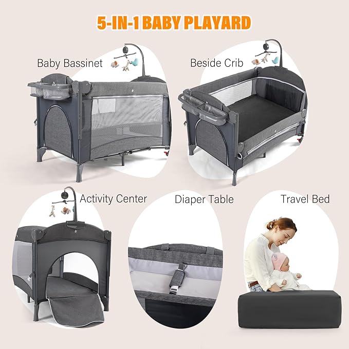 5 in 1 Baby Bassinet, Bedside Cribs, Pack and Play Changing Table, Portable Travel Baby Bassinet Toys & Music Box,Mattress for Girl Boy Infant Newborn (Grey)