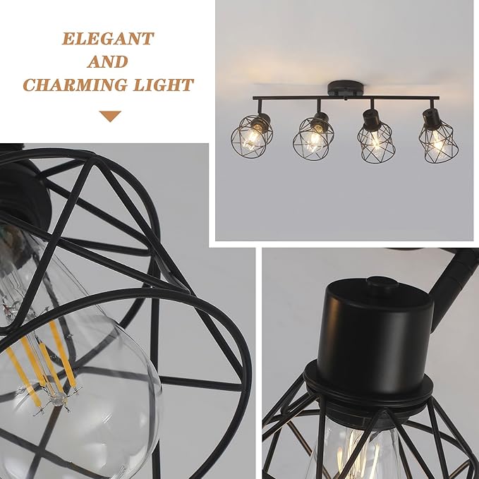 BUXVRCS Adjustable Multi-Directional Black Light Fixtures, Semi Flush Mount Ceiling Light, Kitchen Light Fixtures Ceiling Mount, Geometric Metal Cage Industrial Spotlight Fixtures for Dining Room