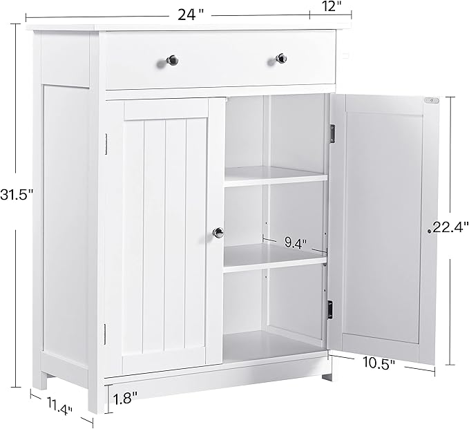 Yaheetech Free Standing Bathroom Cabinet with 1 Drawer 2 Doors and Adjustable Shelf, Wooden Entryway Storage Cabinet, 11.8D x 23.6W x 31.5H in, White