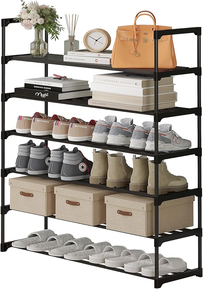 Calmootey 6-Tier Shoe Rack, Tall Large Capacity 30 Pairs Shoes Storage Organizer, Stackable Wide Shoe Shelf for Entryway, Hallway, Black