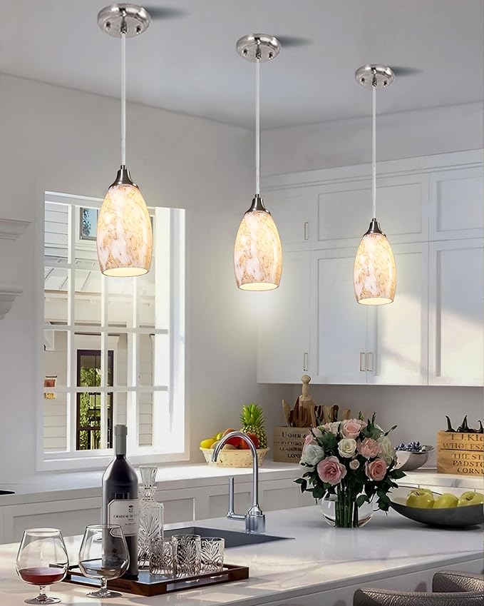 Mini Pendant Lights Kitchen Island Brown Ripple Glass Lamp Shade Hand Blown Glass Pendant Light with Brush Nickel Finish Adjustable Cord for Kitchen Over Sink Hallway,Dining Room,Stairs Way