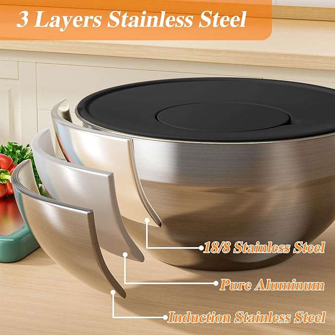 Mixing Bowls with Lids Set, 6 PCS Stainless Steel Mixing Bowls with 3 Grater Attachments, Kitchen Food Storage Organizers Nesting Mixing Bowl, Large Size 4.5, 3.5, 2.1, 1.5, 1.1, 0.7QT-Black