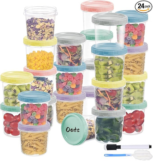 24pcs 16 oz Plastic Deli Containers with Screw Lids, Small Freezer Container Reusable 2 Cup Food Storage Container with Pen & Brush for Snack Salad Fruit, Microwave & Dishwasher Safe BPA Free