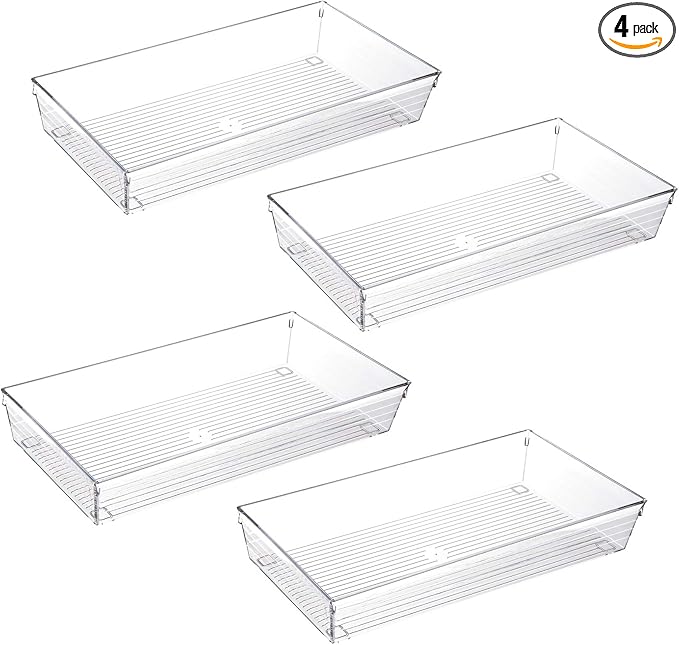 4 Pack 12"x 6" Large Size Clear Plastic Desk Drawer Organizer Tray Bathroom Office Kitchen Utensils Silverware Gadgets Dividers Desk Drawer Storage Bins Container for Dresser Cosmetic Makeup
