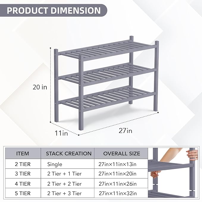 3 Tier Bamboo Shoe Rack Storage Organizer for Closet, Multifunctional Stackable Free Standing Shoe Shelf Organizer for Small Space,Entryway, Hallway, Bathroom27 x11 x20 (Grey, 3 Tier)