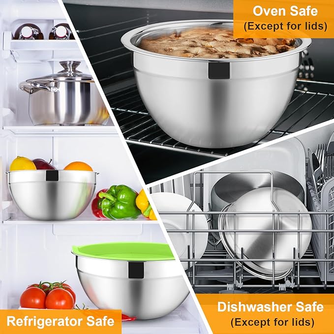 P&P CHEF Mixing Bowls with Lids Set of 6, Stainless Steel Nesting Salad Bowl & 3 Grater Attachments for Prepping Storing, 4.6/2.6/2/1.5/1/0.7 QT, Multicolor