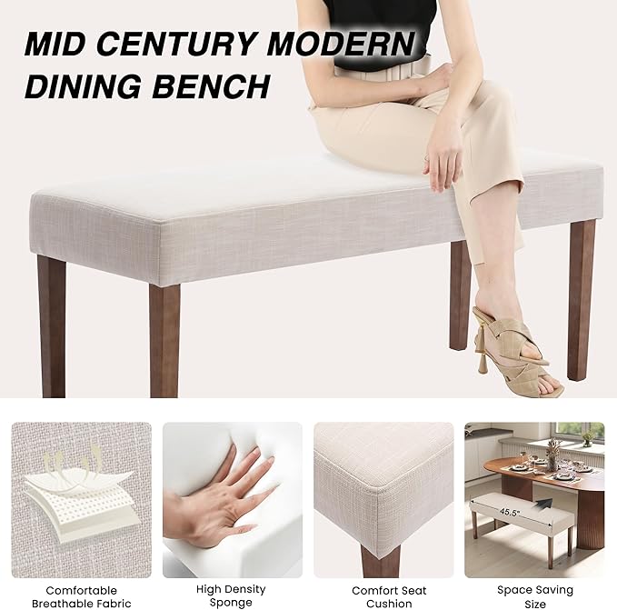 Farmhouse Upholstered Dining Bench Seat, 45" Linen Entryway Bench with Natural Wood Legs, Mid Century Modern End of Bed Bench for Kitchen Bedroom Living Room Hallway, for 2-3 Person, Beige