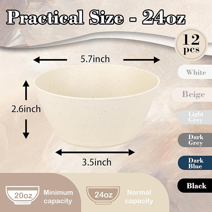 supernal 12PCS Beige Wheat Straw Bowls - Unbreakable Reusable Plastic Bowl,Fridge & Dishwasher Safe Soup Bowl,Lightweight Beige Disposable Bowls for Catering,Weddings,Cereal,Salad,Ramen