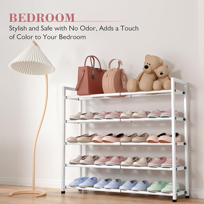Bumusty 5-Tier Expandable Shoe Rack for Closet, 18“-33” Adjustable Shoe Rack for Small Space, Small Shoe Organizer for Front Door, Sturdy Metal (White)