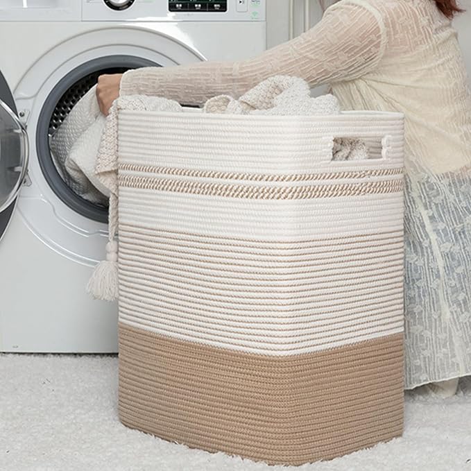 Laundry Hamper, Large Woven Rope Tall Laundry Basket with Handles, 22" X 17" X 13", Decorative Storage Basket for Clothes and Blankets in Living room, Bedroom, Jute & White