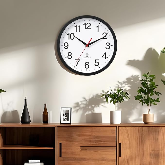 Atomic Wall Clock, Modern 14 Inch Battery Operated Wall Clocks, Analog Clock for Living Room, Office, Home, Bedroom, Kitchen, Bathroom(Black)