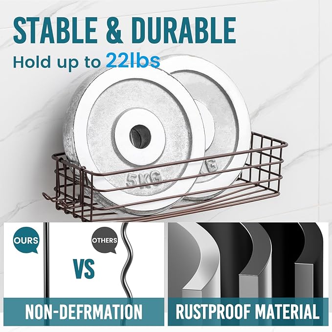 TAILI Shower Caddy Suction Cup 2 Pack with Hooks & Soap Holder, Heavy Duty Shower Organizer for Bathroom, No Drilling Bathroom Organizer with Large Capacity, Metal Storage Basket-Brown