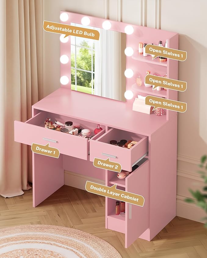 Lighted Makeup Vanity Desk, 35.4“W x 15.7'”D x 54“H, Pink (with Lights and Mirror, Dimming Fuction, 2 Drawers and 1 Cabiniet, Open Shelves)