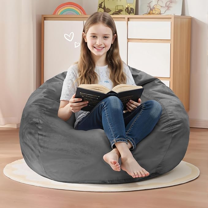 Homguava 2FT Bean Bag Chair: 2' Bean Bags with Memory Foam Filled,Comfy Beanbag Chairs Round Bean Bag Sofa with Dutch Velvet Cover-Grey