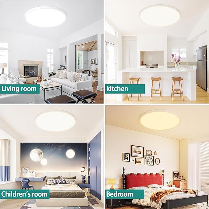 16'' Dimmable LED Ceiling Light Fixture, Ultra Thin Flush Mount, 28W 2800Lumen, 3 Color Changeable, Round, White, for Dining Room, Kitchen, Bedroom, Office, Hotel