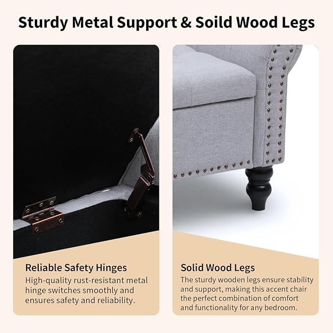 Storage Ottoman Bench with Arms, Linen End of Bed Bench for Bedroom, Button Tufted Storage Bench for Entryway, Living Room,Hallway, Large Storage Bench Foot Rest (New Grey)