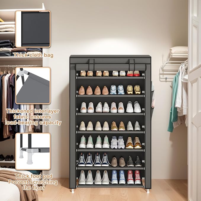 Laiensia 7-Tier Vertical Shoe Rack Organizer, Space Saving Shoe Storage Organizer, Non-Woven Cover Shoe Shelf Holds 28-35 Pairs for Bedroom, Hallway, Closet Entryway, Grey