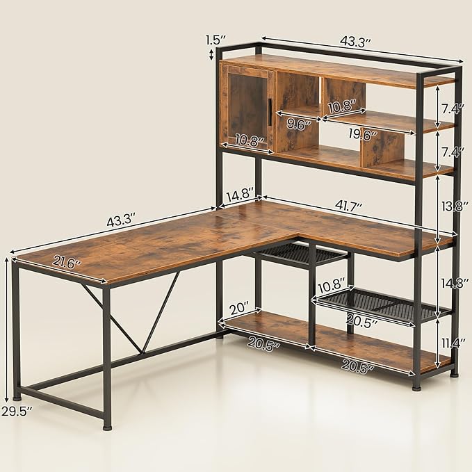 SEDETA L Shaped Computer Desk, 58'' Office Desk with LED Light and Bookshelf, L Shaped Corner Desk with Storage Shelves for Home Office, Gaming Desk, L Desk, Rustic Brown