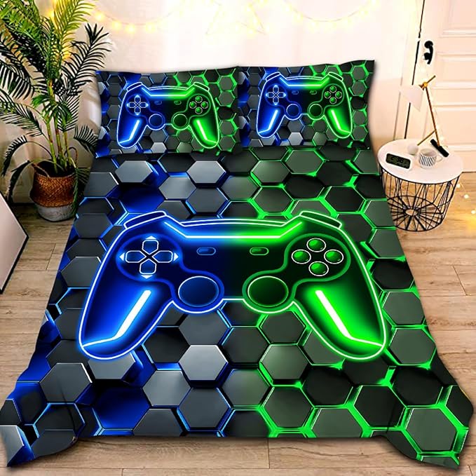 NTBED 3D Gaming Comforter Set for Boys Kids Teens,5pcs Gamer Bedding Sets with Sheet,Game Console Bed in a Bag (Blue Green, Full)