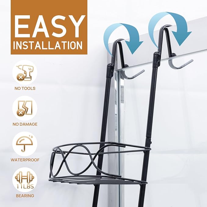 LEVERLOC Over The Door Shower Caddy, Shower Hanging Organizer Sturdy Rust Proof Bathroom Shelves with Strong Suction Cup and Reliable Hooks, Bath Basket Storage Rack, Metal Black