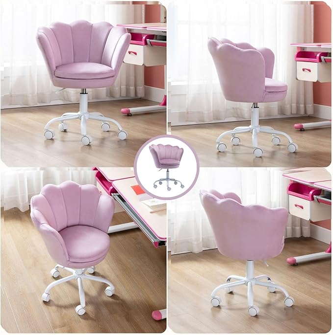 Purple Kids Desk Chair, Cute Velvet Adjustable Children Desk Chair Rolling Study Armchair Upholstered Computer Chair Shell Back 360° Swivel Vanity Chair for Teen Boys Girls Bedroom Study
