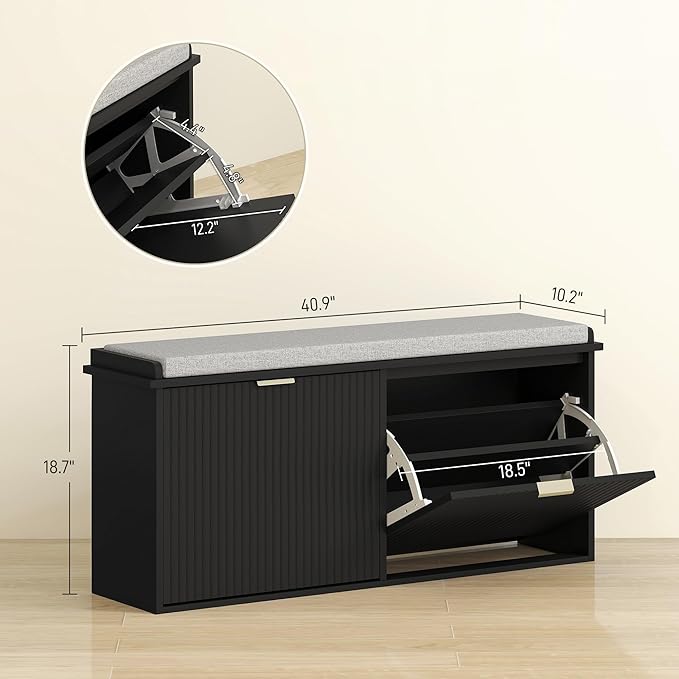 HOMCOM Shoe Bench with Padded Seat Cushion and 2 Flip-Drawers, Entryway Bench Holds up to 529lb, Shoe Cabinet, 40.9x10.2x18.7 Inches, Black