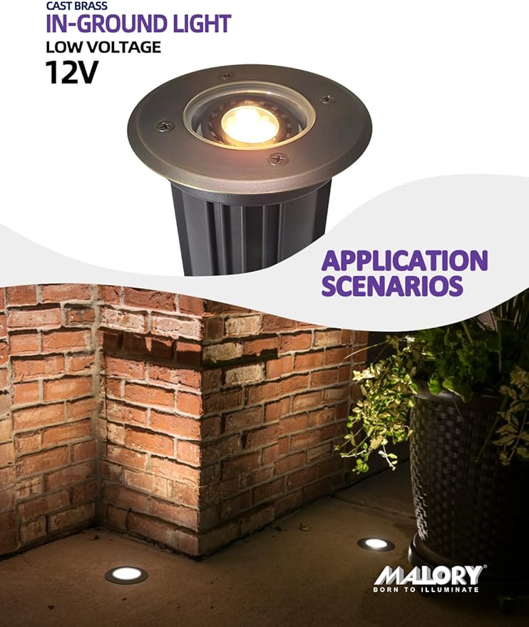 MALORY Brass Top Cover Landscape Well Lights, 12V Low Voltage Outdoor In Ground Lights,Landscape Lighting for Pathway, Driveway and Garden (Open Top, 4-Pack with Bulb)