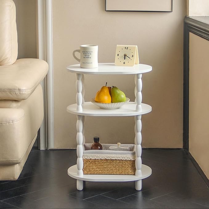 MaxSmeo White Side Table, 3-Tier Small Oval End Table, Modern Night Stand Wood Accent Table for Living Room, Bedroom, White