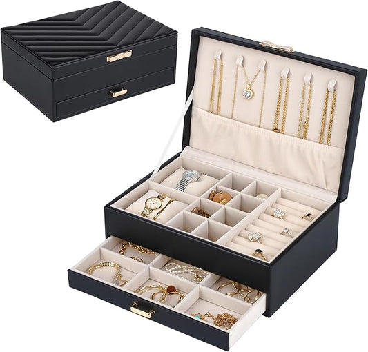 HofferRuffer Jewelry Box with Drawer for Women‌ Girls, Faux Leather Storage Jewelry Organizer Jewelry Case with Two Layers Display for Earrings Rings Necklaces (Black)