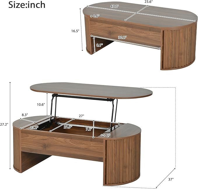 WILLIAMSPACE 47.2'' Lift Top Coffee Table with Hidden Compartment Storage, Modern Wooden Oval Center Table Accent Lift Tabletop Tea Table for Living Room, Walnut