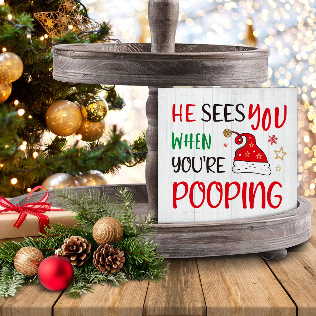 Christmas Bathroom Decorations - Funny Christmas Decor, He Sees You When You're Pooping Bathroom Wooden Sign, Home Decor for Desk Table Shelf 5 X 5 Inches