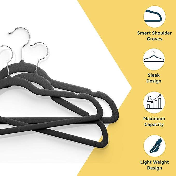 Velvet Non-Slip Plastic Hanger Set - 20 Pieces Non-Slip Clothes Hanger Set with 360° Swivel Hook, Space-Saving, Sleek Design, Smooth Velvet Finish, Lightweight Construction - Black