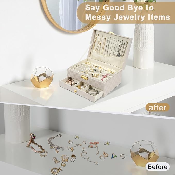 Jewelry Box for Women Girl Wife - Large PU Leather Jewelry Organizer Storage Case with Two Layers Display for Earrings Bracelets Rings Watches (Light Khaki)