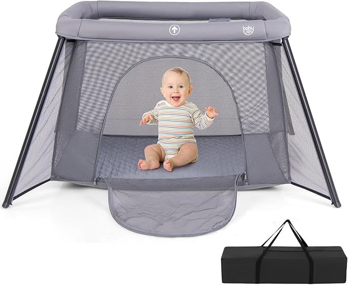 BABY JOY 2 in 1 Travel Crib, Portable Baby Playpen with Soft Washable Mattress, Foldable Pack and Play Lightweight Installation-Free Home Playard with Carry Bag, for Infants & Toddlers Indoor Outdoor