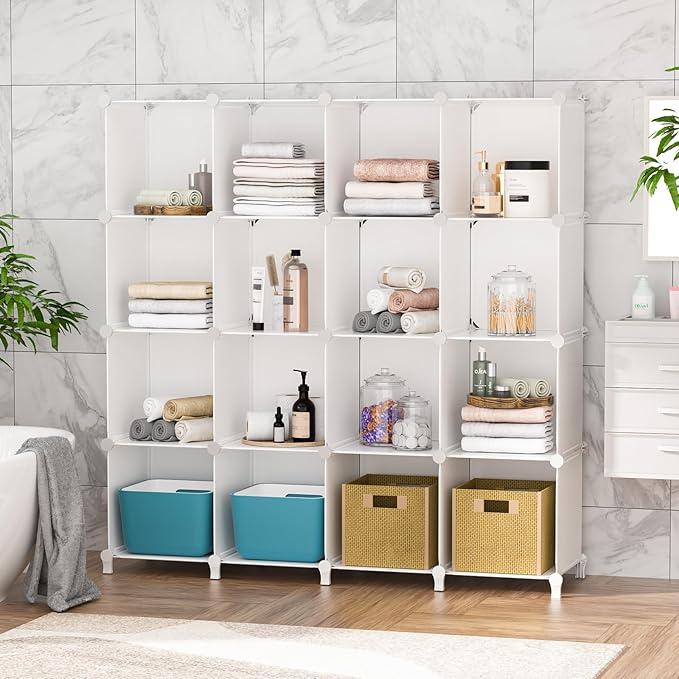 Neprock 16 Cubby Storage Organizer, Closet Clothes Storage Organizer, Cube Shelves Closet Organizers and Storage Shelves for Clothing Storage with Hammer, Bookshelf for Kids (White)
