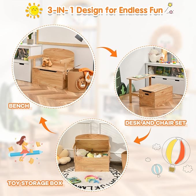 Costzon Kids Table and Chair Set, Convertible Toy Storage Bench with Built-in Handle for Kindergarten, Preschool, Kids Room, Playroom, Wood Reading Nook for Toddler Boys Girls Ages 3 to 7 (Natural)
