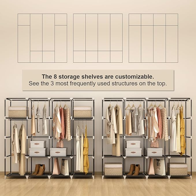 Portable Closet Wardrobe, 67-Inch Clothes Organizer with 4 Hanging Rods and 8 Shelves, Non-Woven Fabric Cover, Large Capacity Storage for Bedroom and Living Room, Black